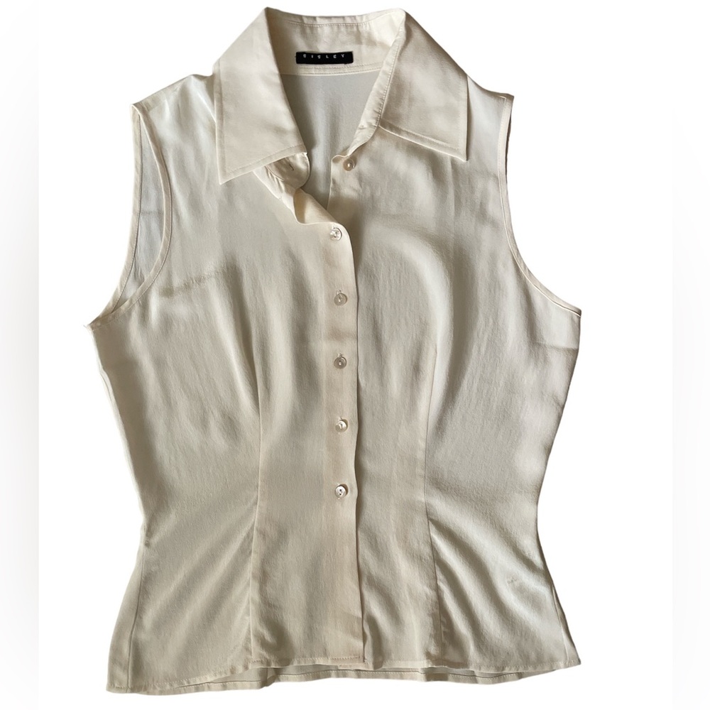 PERFECT Sisley silk sleeveless collared buttondown